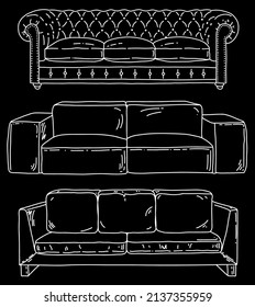 Möbel, Vektorset mit Sofa. Moderne Inneneinrichtung einzeln. Illustration der Linienzeichnung.