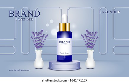 Furniture and wall vintage background for cosmetics product with vase lavender vector illustration