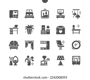 Furniture. Wardrobe, bed, lamp, decor and curtains. Home interior. Modern furniture. Table with cactus. Vector Solid Icons. Simple Pictogram