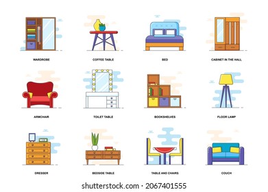 Furniture web concept stroke flat line icons isolated set. House room items bundle. Graphic linear symbols collection for website design. Vector conceptual pack outline pictograms for mobile app