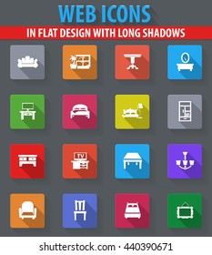 Furniture web icons in flat design with long shadows
