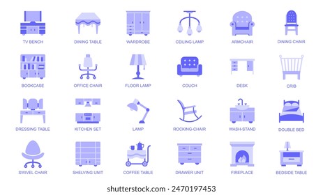 Furniture web icons set in duotone flat design. Pack pictograms with tv bench, dining table, wardrobe, ceiling lamp, armchair, chair, bookcase, couch, crib, shelving unit, other. Vector illustration.
