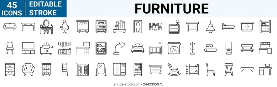 Furniture web line icons set. Kitchen, bedroom, sofa table, bookcase closet, chair, mattress, lamps, ladder vector illustrations. Outline signs of house interior, editable stroke.