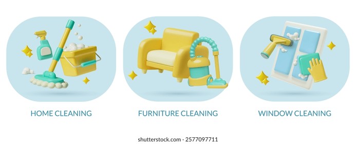 Furniture, windows home and office professional cleaning service banners 3d vector designs set. Cute three dimensional icons collection.