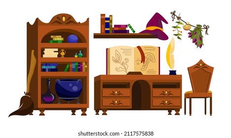 Furniture for wizard school interior vector illustrations set. Library objects, bookcase with potions in flasks and old books, cauldron, witch hat, broom stick. Halloween, magic, fairy tale concept