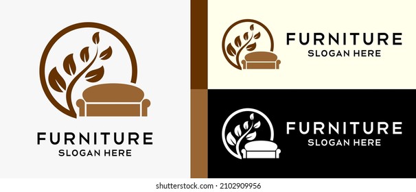 Furniture or woodworking logo design template, chair and leaf icon in a circle. creative vector logo illustration.