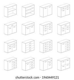 Furnitures - double cupboards, bedside, shoe, kitchen and bathroom cabinets. Different installation and montage solutions, pictogram types.