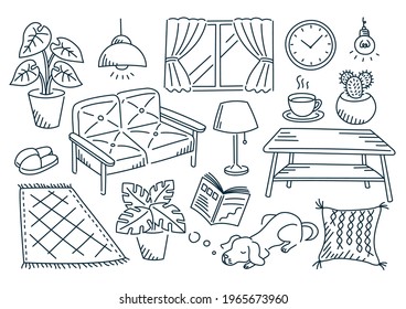 Furnitures in the room illustrations line-art