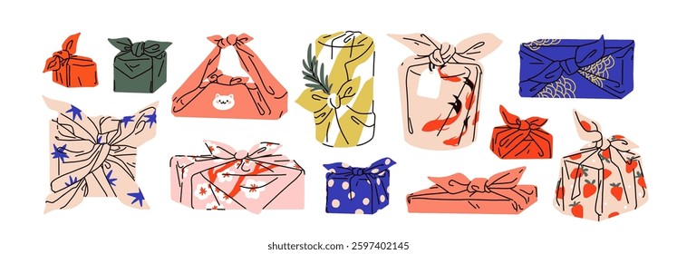 Furoshiki wrapping set. Gifts wrapped in eco fabric, cloth package. Presents in reusable cotton, linen textile tied with knots. Zero-waste traditional Japanese packings. Flat vector illustration