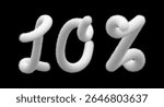 Furry 3d digits 10 per cent. White animal curved fluffy tail. Feather textured vector font. Hairy number, fuzzy letter. Xmas soft felt isolated sign. Cat fur text, round bubble. Happy birthday pompon