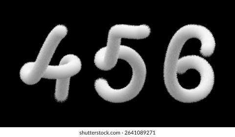 Furry 3d digits 4, 5, 6. White animal fluffy tail, curved as letters. Feather textured vector font. Hairy fuzzy number. Xmas soft felt isolated. Cat fur round text. Happy birthday pompon on black bg