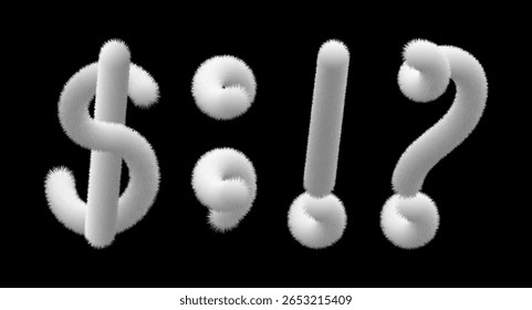 Placas 3d furry. Rabo fofo de animal branco, curvado como letras. Fonte vetorial texturizada de difusão. Dólar piloso, pergunta difusa, ponto de exclamação. Xmas suave sentiu sinal isolado. Texto de pele de gato, bolha redonda
