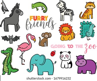 Furry animals including donkey, zebra, flamingo, elephant, panda, hippo, bat, alligator vectors