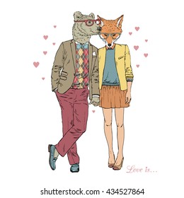 furry art illustration of bear and fox couple, Valentine Day design