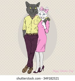 furry art illustration of black cat boy and white cat girl couple, Valentine Day design