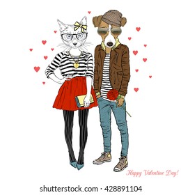 furry art illustration of cute cat and dog hipsters couple, Valentine Day design