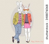 furry art illustration of cute hipsters bunnies couple, Valentine Day design