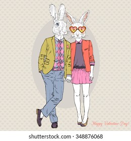 furry art illustration of cute hipsters bunnies couple, Valentine Day design