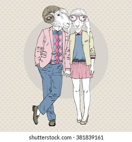 furry art illustration of cute hipsters sheep couple, Valentine Day design