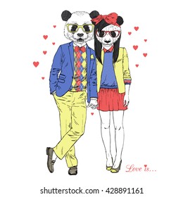 furry art illustration of cute hipsters panda couple, Valentine Day design