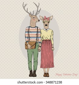 furry art illustration of deers hipsters couple, Valentine Day design