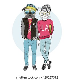 furry art illustration of dog and cat couple dressed up in urban style, Valentine Day design