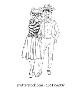 Furry art illustration of fashion Airedale terrier man and West Highland white terrier woman dogs couple. Valentine Day design. Hand drawn vector