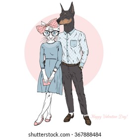 furry art illustration of fashion dog and cat couple, Valentine Day design