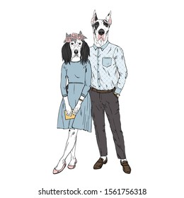 Furry art illustration of fashion Great Dane man and English Setter woman dogs couple. Valentine Day design. Hand drawn vector