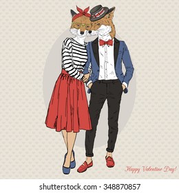 furry art illustration of hipster fox couple, Valentine Day design