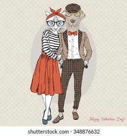 furry art illustration of hipsters cat and dog fashion couple, Valentine Day design