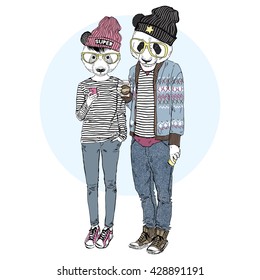 furry art illustration of panda bears couple, Valentine Day design