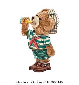 A furry bear wearing a sailor suit is drinking honey, Little cute bear illustration, Design print t-shirts fashion, poster, card, vector