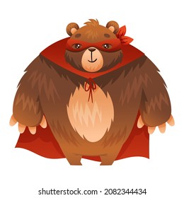Furry Brown Bear Animal Superhero Dressed in Mask and Red Cape or Cloak Vector Illustration