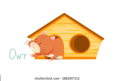 Furry Brown Hamster Moving Out of Wooden House Vector Illustration