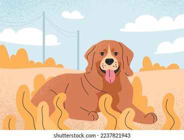 Furry canine animal. Brown dog lies in nature in clearing or lawn with yellow leaves. Natural landscape and wild life, outdoor. Poster or banner for website. Cartoon flat vector illustration
