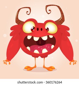 Furry cartoon monster with big teeth and opened mouth. Red vector monster mascot with big eyes and horns.  Alien monster