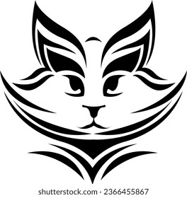 Furry cat head tattoo, tattoo illustration, vector on a white background.