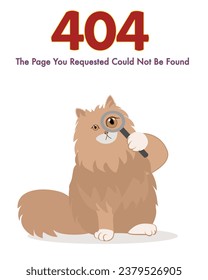 Furry cat holding magnifying glass for 404 error page with isolated white background.