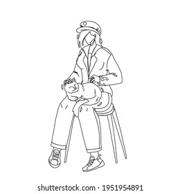 Furry Cat Lying On Woman Legs And Sleeping Black Line Pencil Drawing Vector. Young Girl Stroking Cute Furry Domestic Animal, Little Kitten Sleep Enjoying And . Character Lady With Pet Illustration