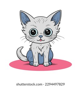 Furry, cheerful cartoon of a cute and pretty kitty, drawn with a funny and cartoonish style. Animal mascot, perfect for kids and childhood-related projects, such as cards, prints, and other designs