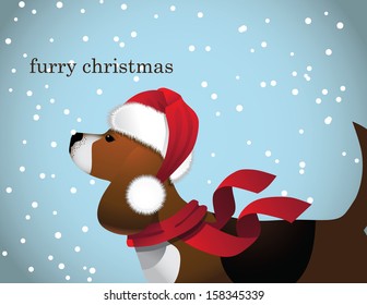 Furry Christmas Beagle in Santa Claus Hat. EPS 10 vector, grouped for easy editing. No open shapes or paths.