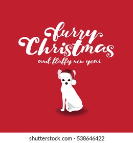 Furry Christmas and Fluffy New Year with adorable white chihuahua in a Santa Claus hat. EPS 10 vector.