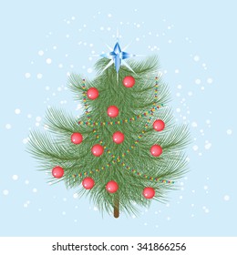 Furry Christmas tree with red balls and a crystal star on top.
