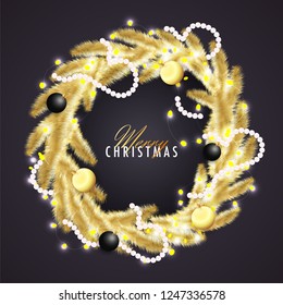 Furry christmas wreath decorated with pearl garland and baubles on black background can be used as Merry Christmas greeting card design.