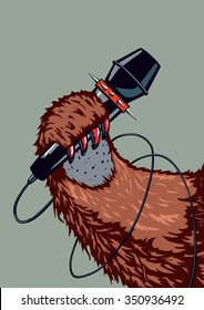 Furry clawed paw holding a microphone. Rock music poster.