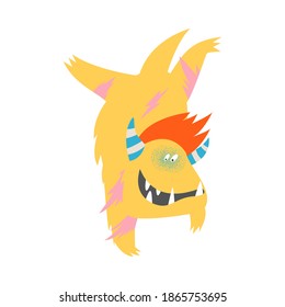 Furry Comic Monster with Horns Doing Handstands Vector Illustration