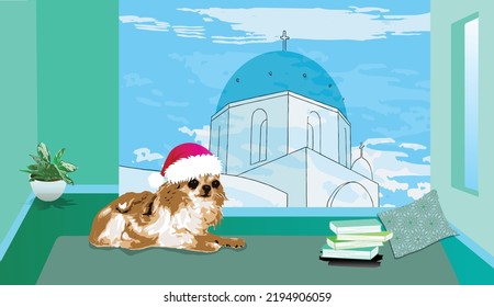 A furry dog ​​wearing a santa hat sitting in the living room in front of a church wallpaper , books, cushions, plan and carpet in greenish wall, realistic minimalistic illustration vector