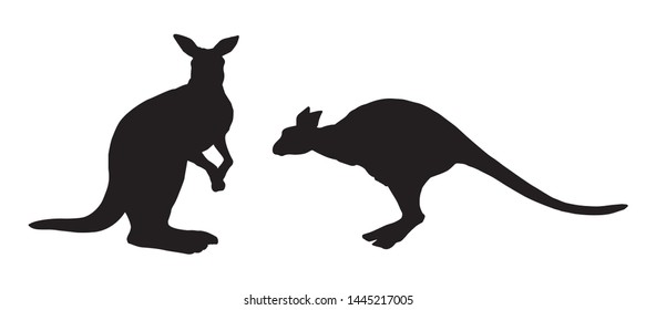 Furry female dog wallaroo run on white backdrop. Dark ink hand drawn picture logotype emblem badge insignia in art contour etching retro style on paper. Closeup side view with space for text on sky