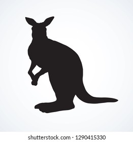 Furry female dog wallaroo standing on white backdrop. Dark ink hand drawn picture logotype emblem badge in art contour etching retro style on paper. Closeup side view with space for text on sky